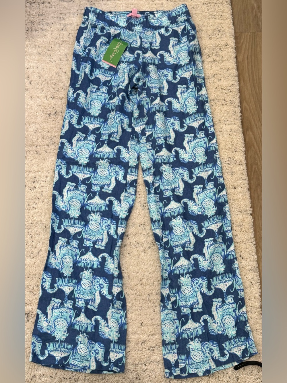 NWT Lilly Pulitzer Florita Linen Pants XXS Deep Indigo Joy Ride Elephant Print